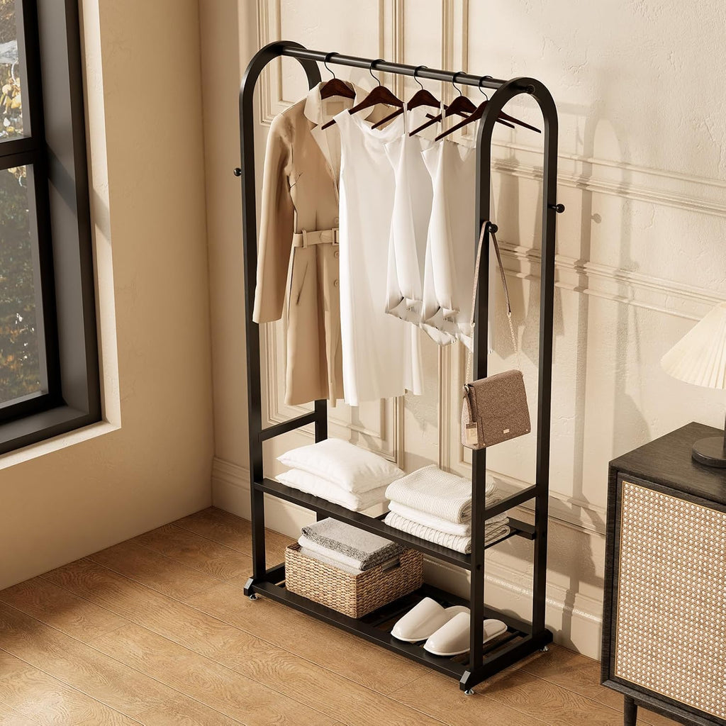 turdy Black Metal Garment Rack with Shelves & Hooks