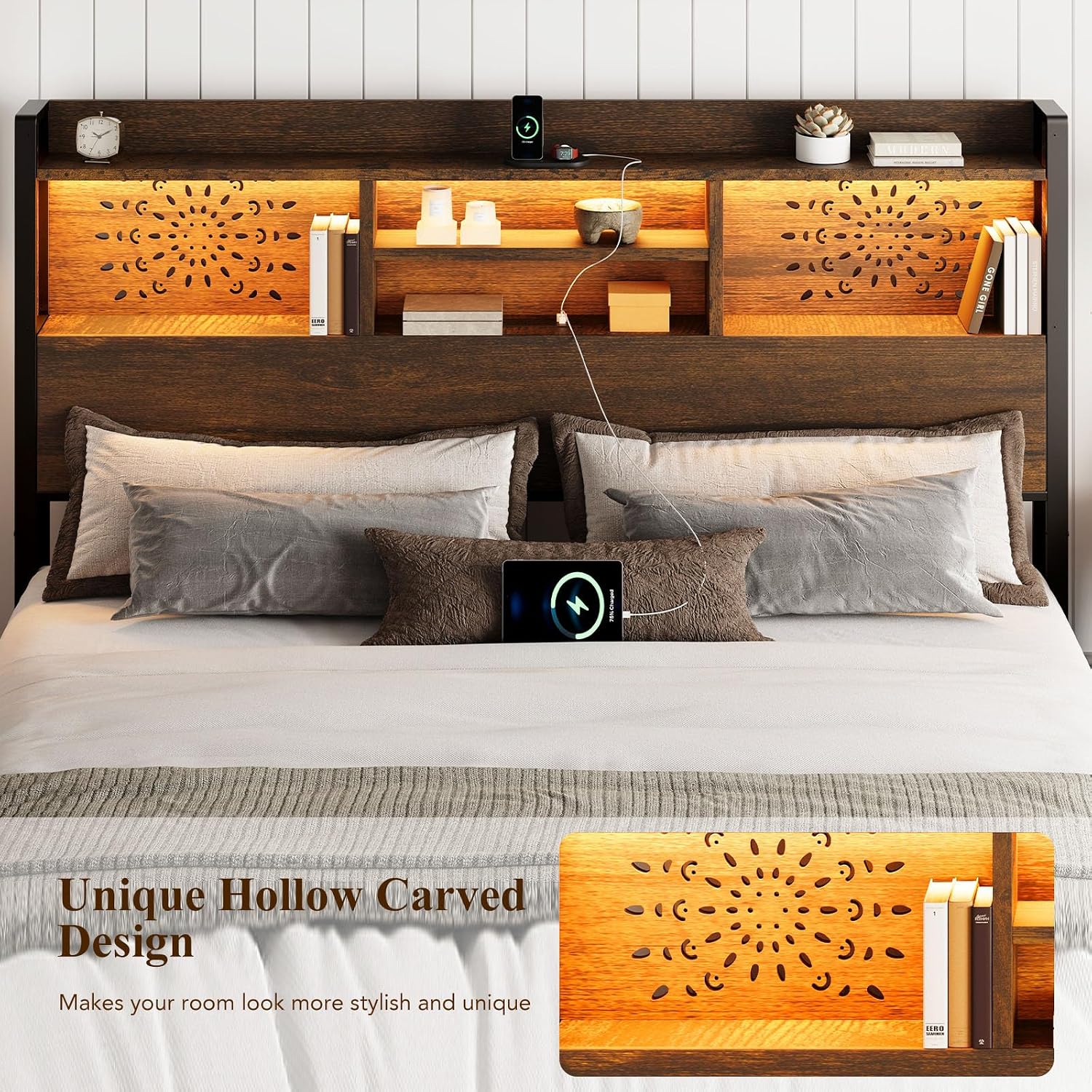 Queen Bed with 6 Drawers & Carving Headboard