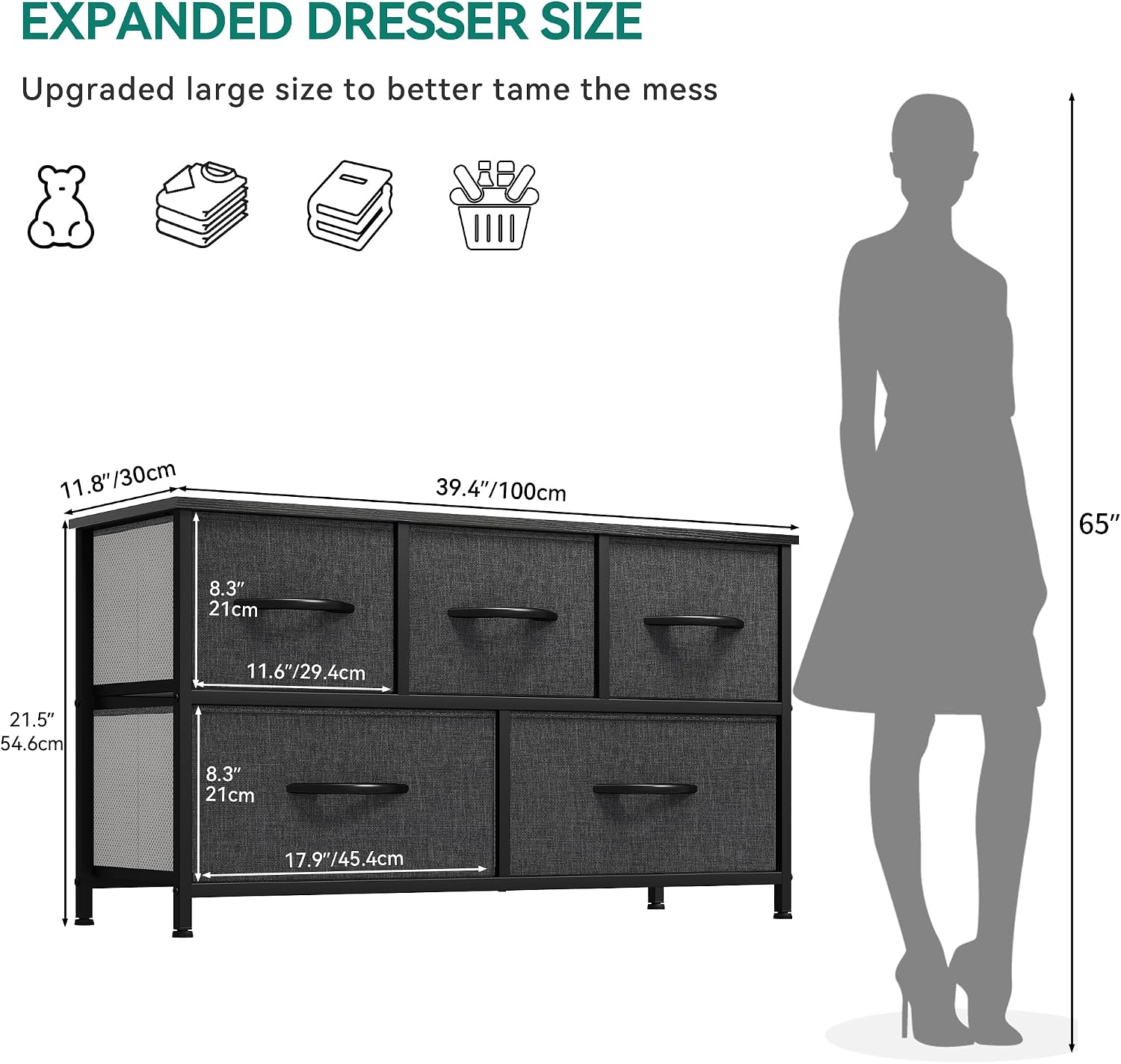 5-Drawer Fabric Storage Dresser, Black