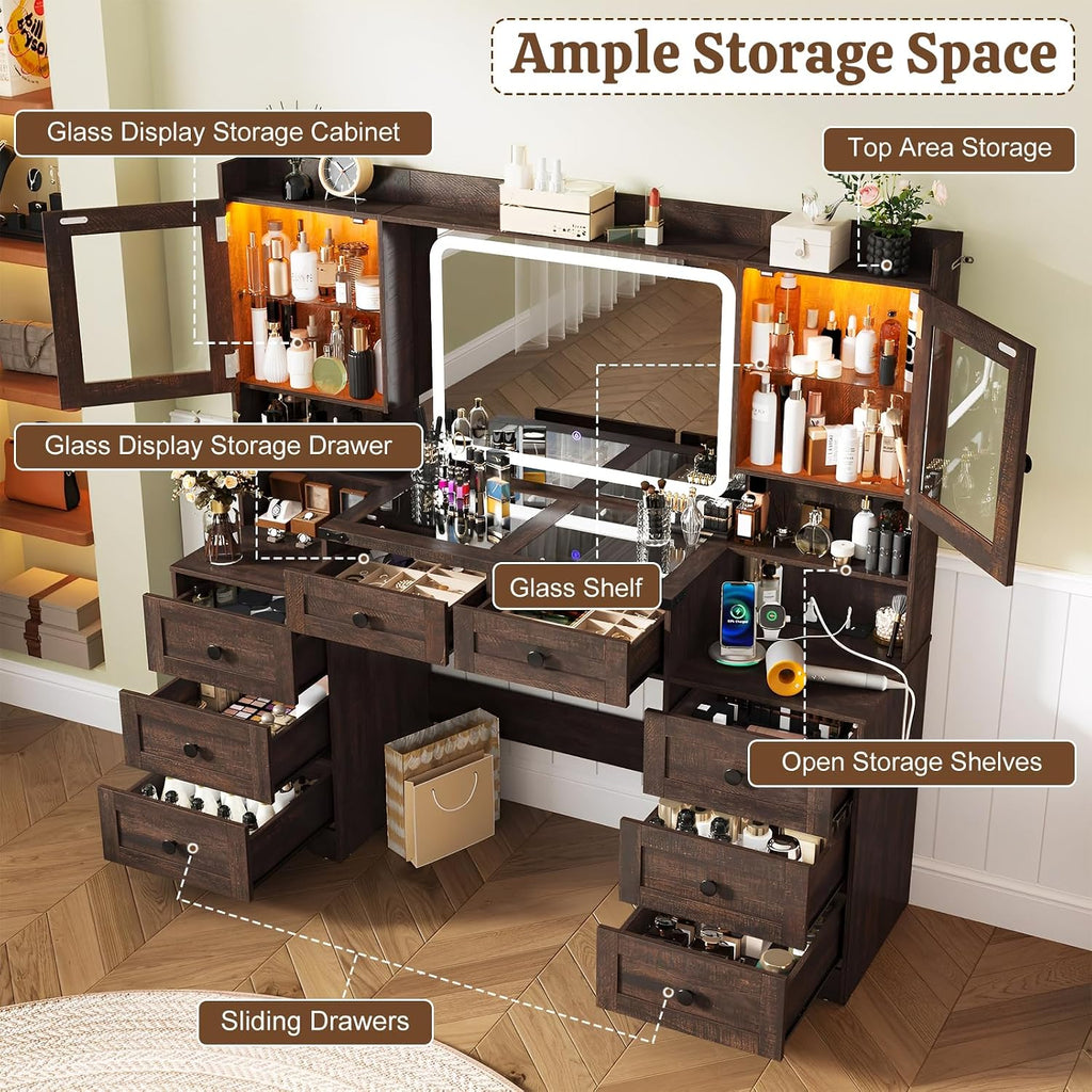 60" Farmhouse LED Glass Vanity, Rustic Brown