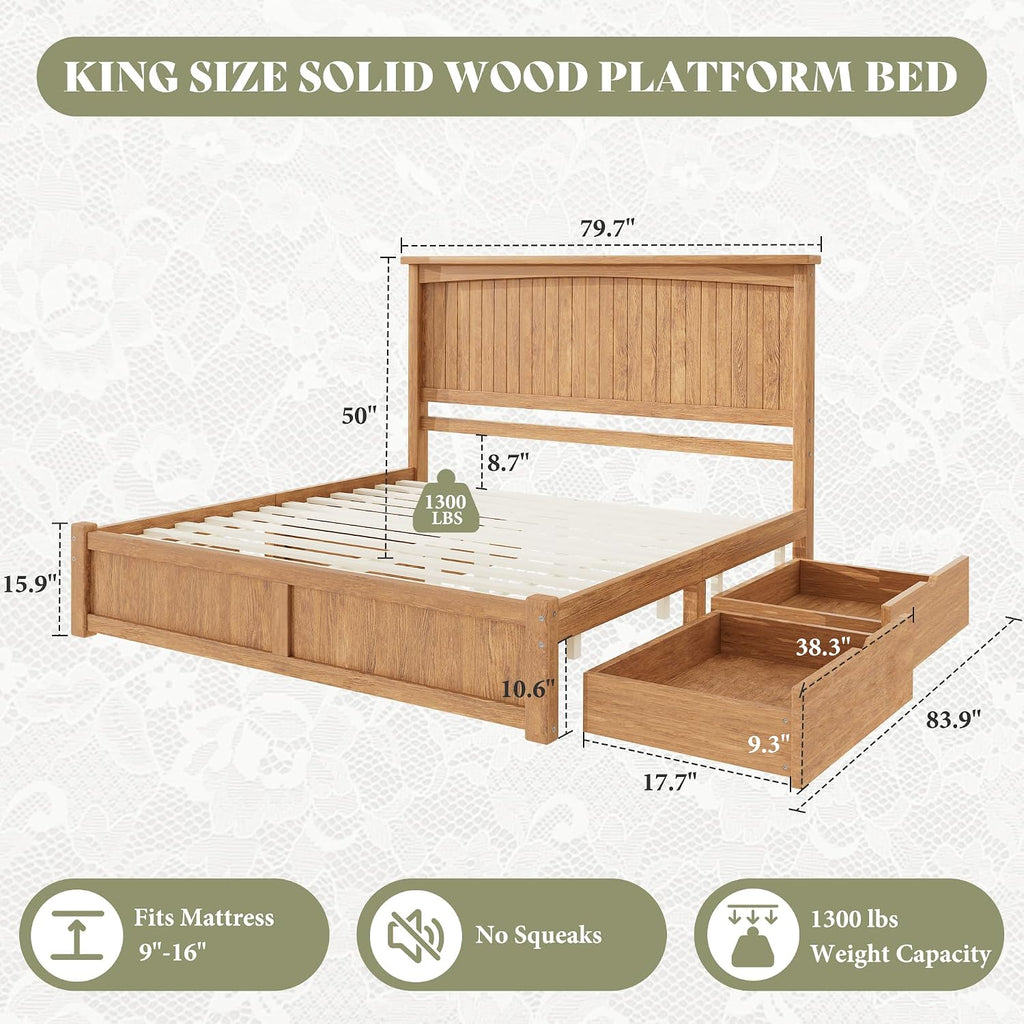 Brown King Solid Wood Storage Bed
