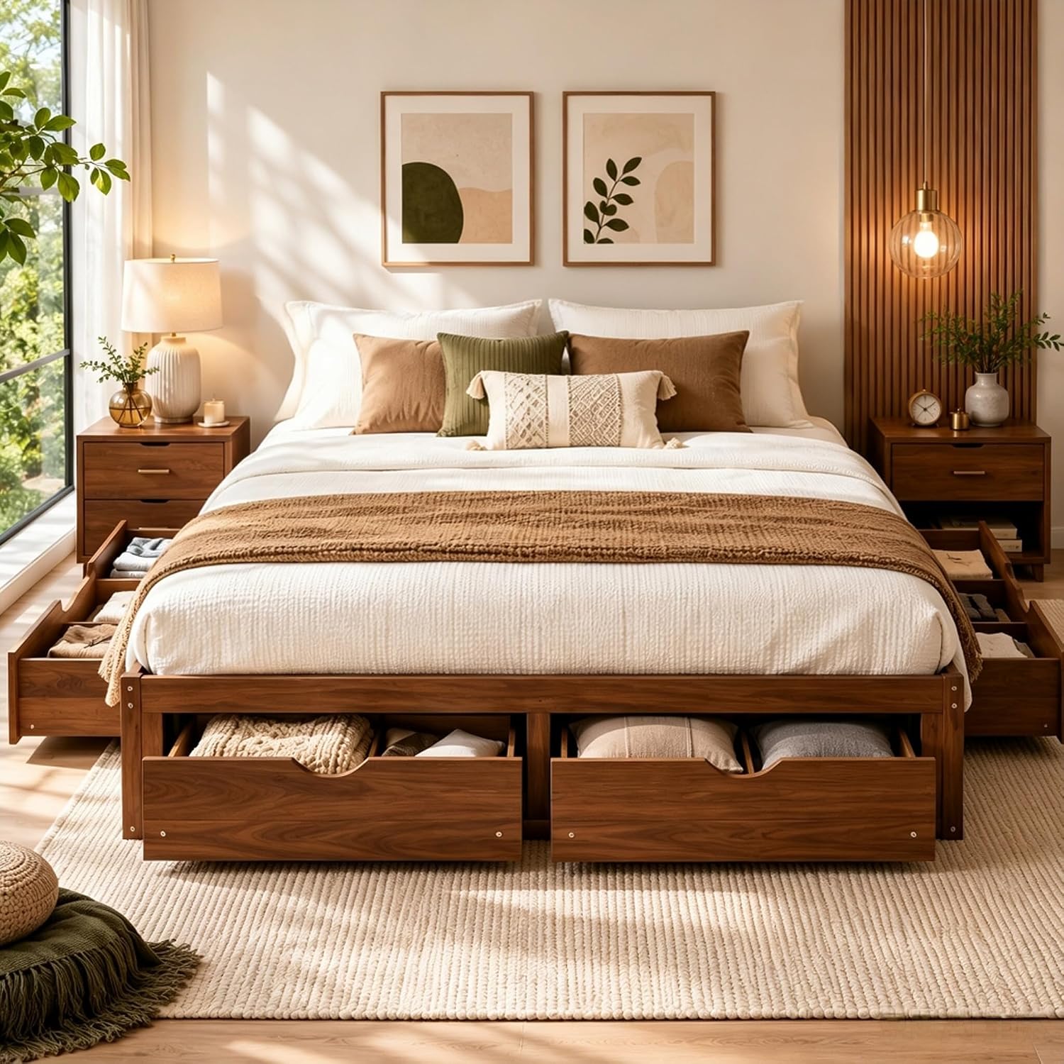 Walnut Queen Bed with 6 Storage Drawers