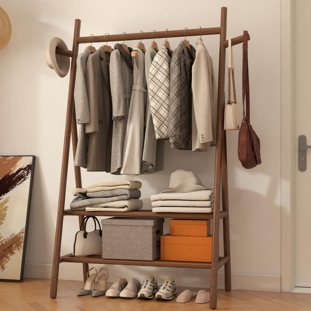 Solid Wood Garment Rack with 2 Shelves & Hooks, Walnut