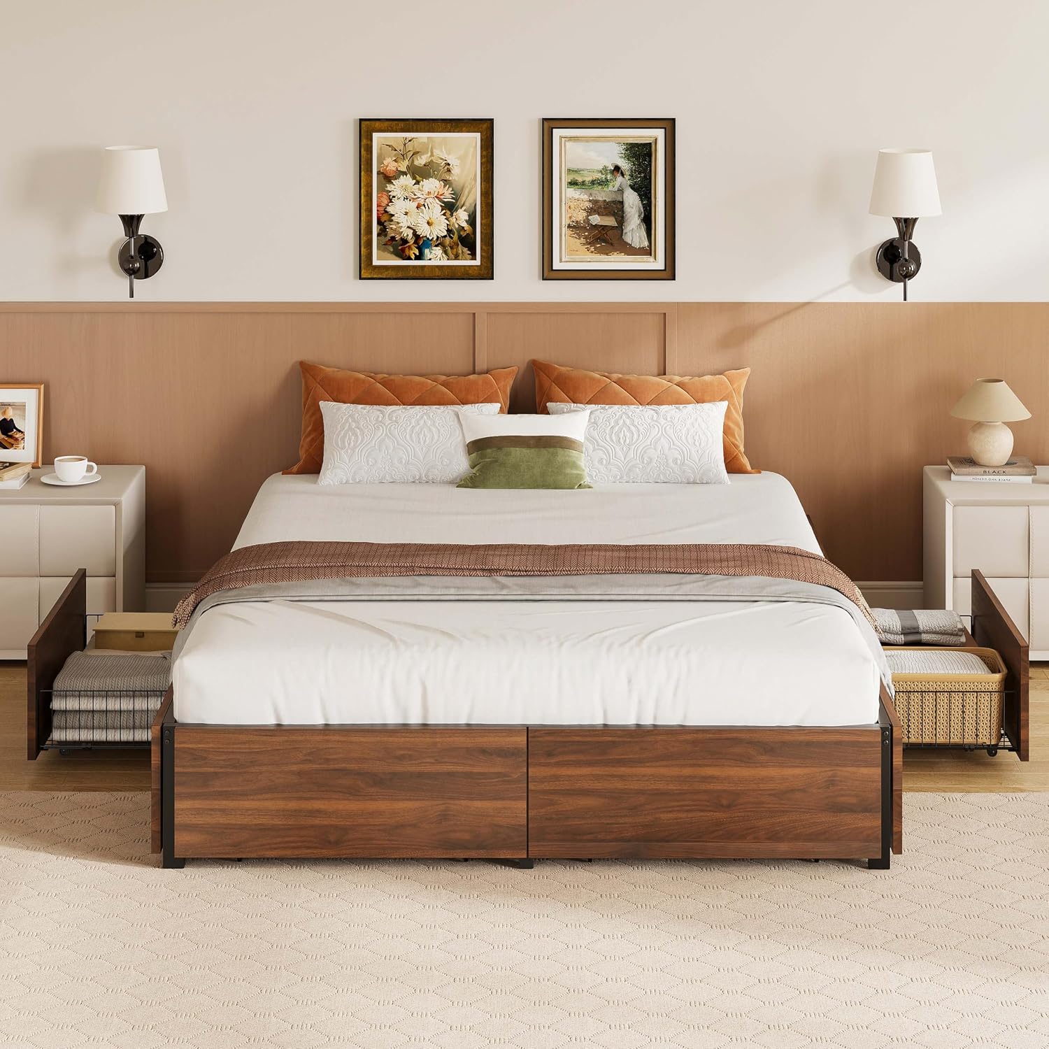 Dark Walnut Queen Bed with 4 Drawers