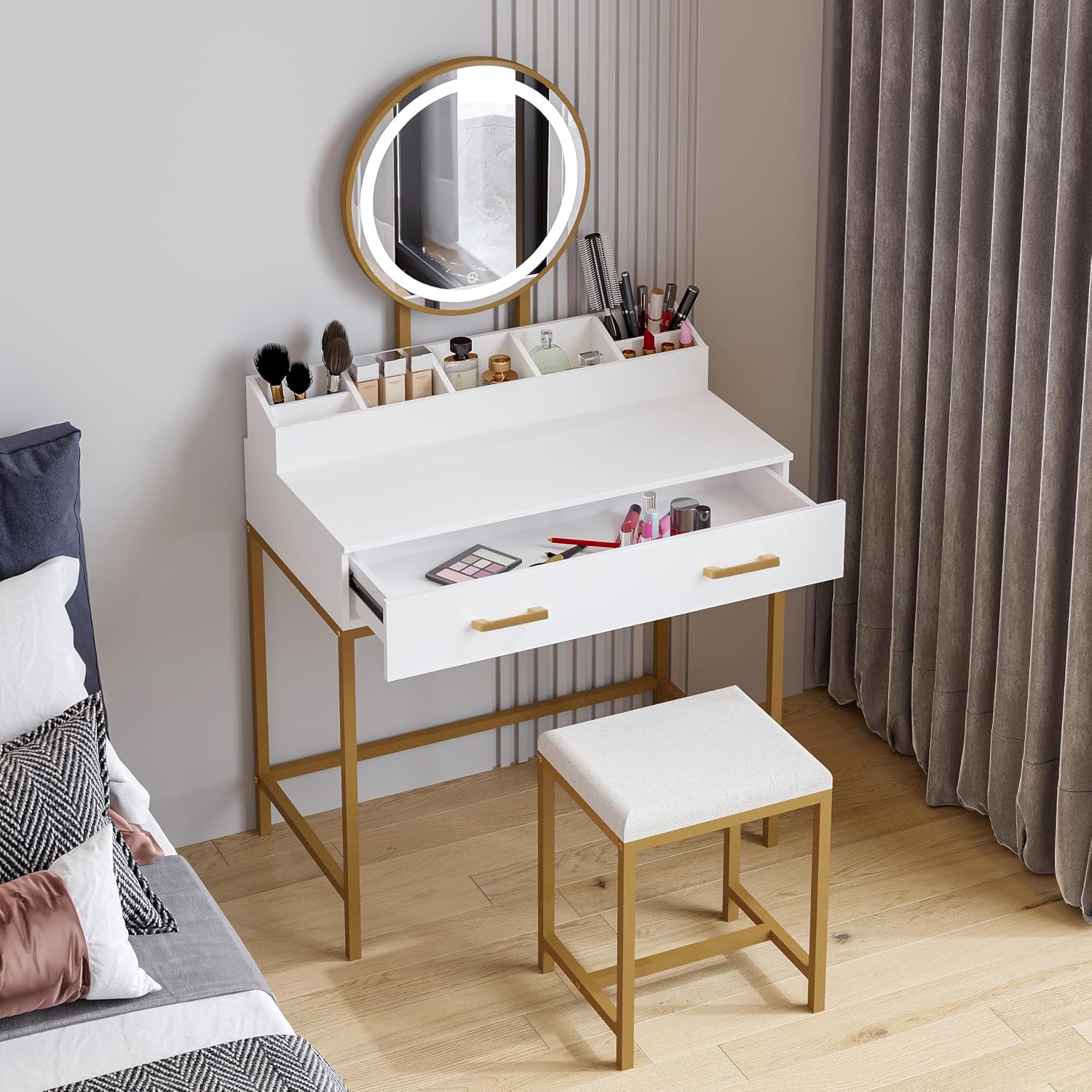 White & Gold LED Vanity Desk Set