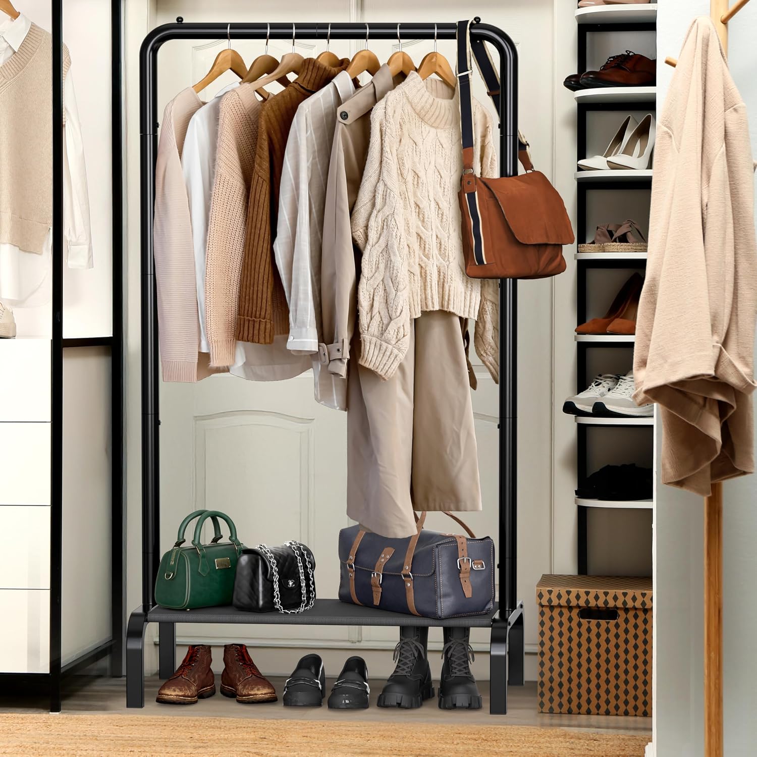 30" Narrow Garment Rack with Shelves, Black