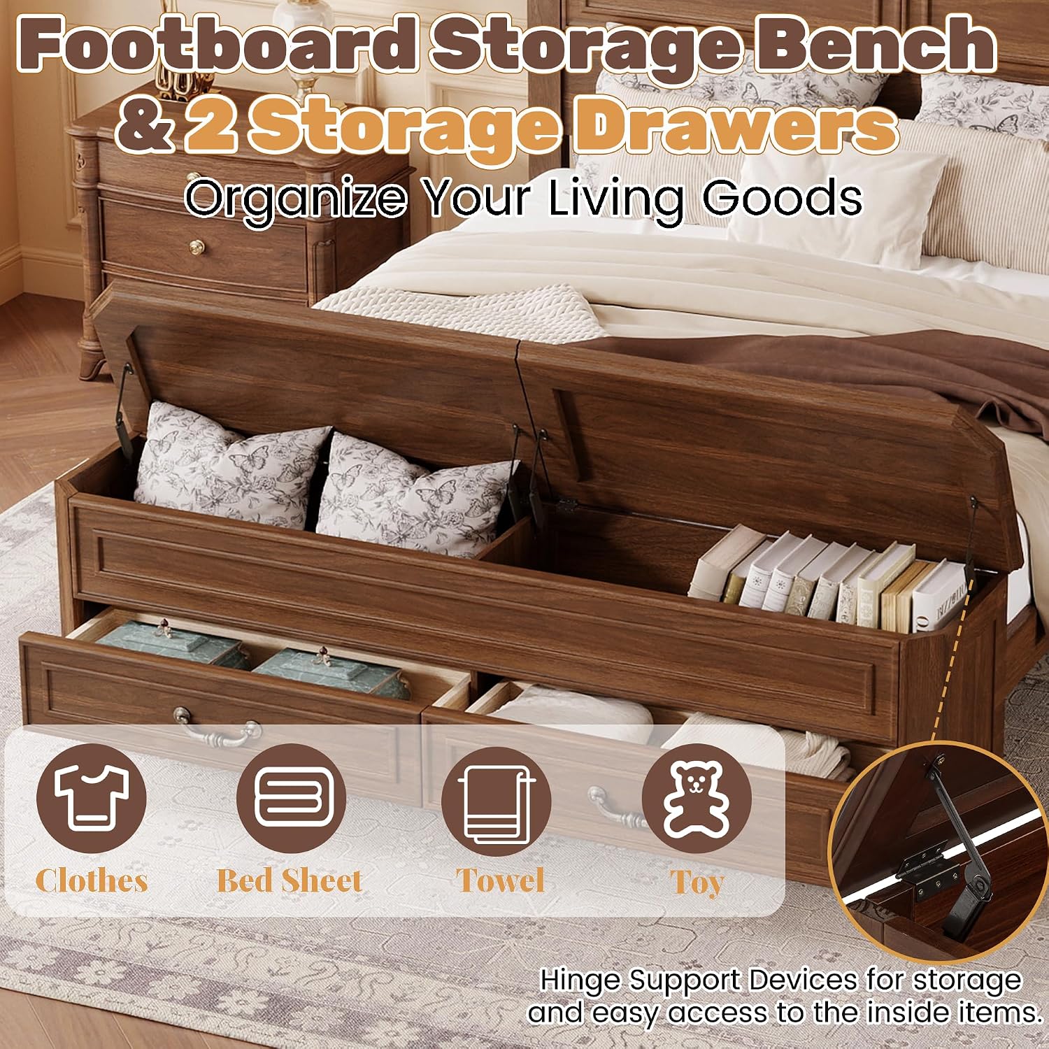Farmhouse Walnut Queen Bed with Storage Drawers
