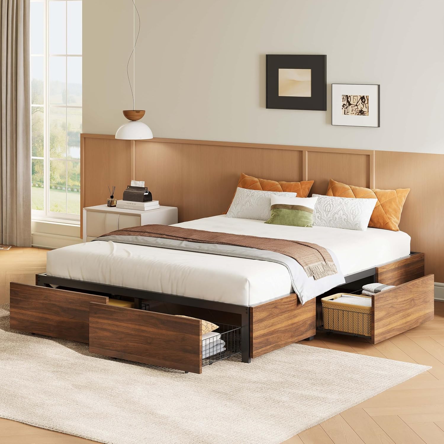 Dark Walnut Queen Bed with 4 Drawers