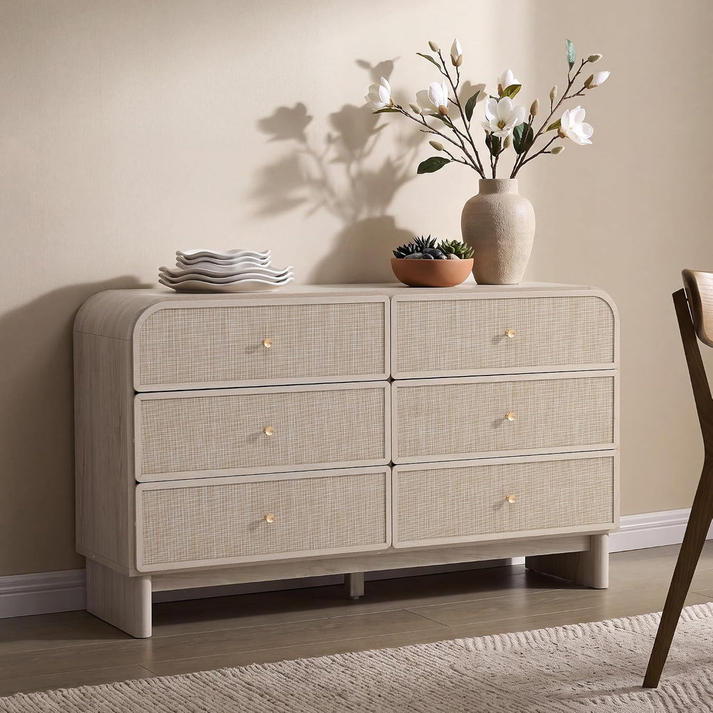 55" Wide 6-Drawer Rattan Dresser