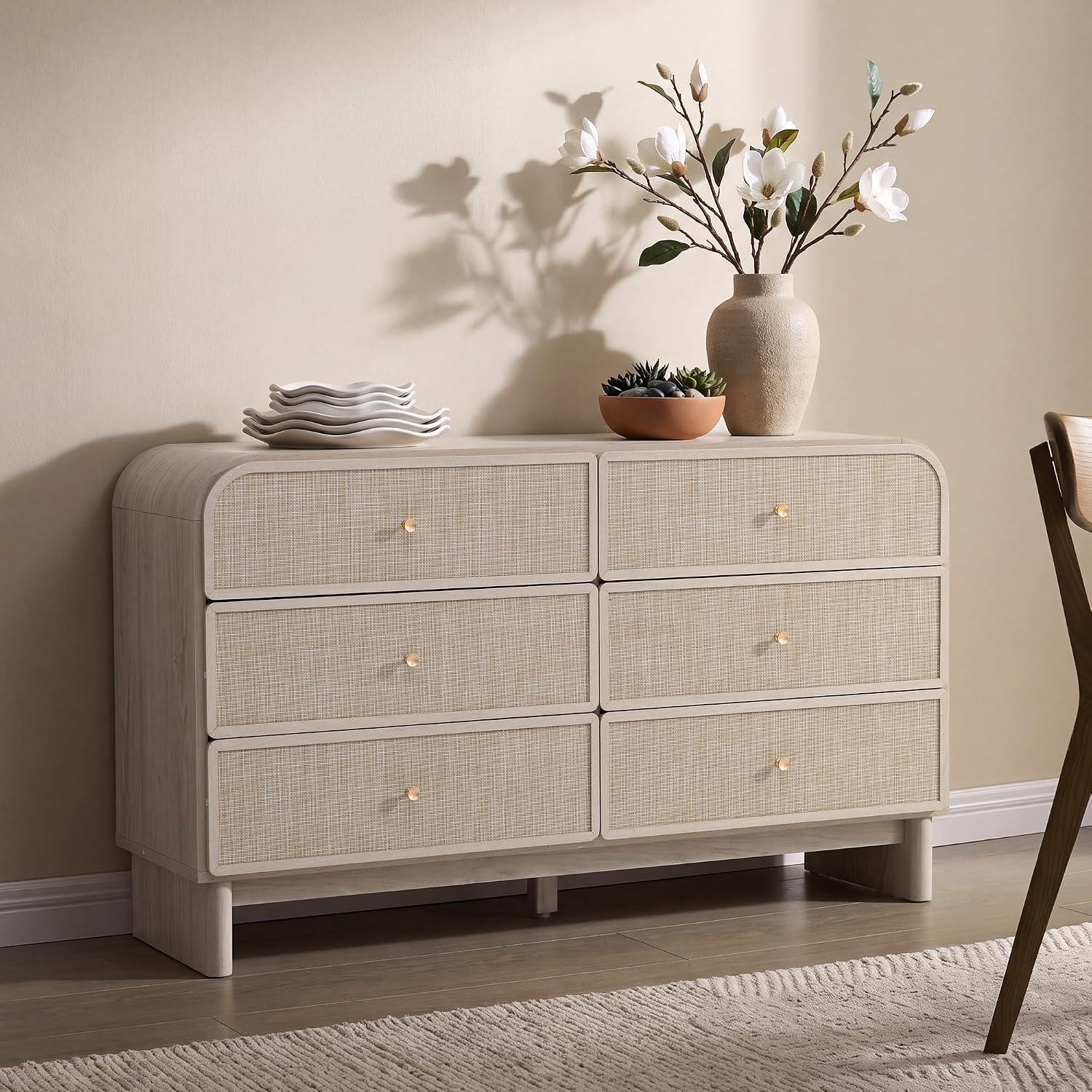 55" Wide 6-Drawer Rattan Dresser