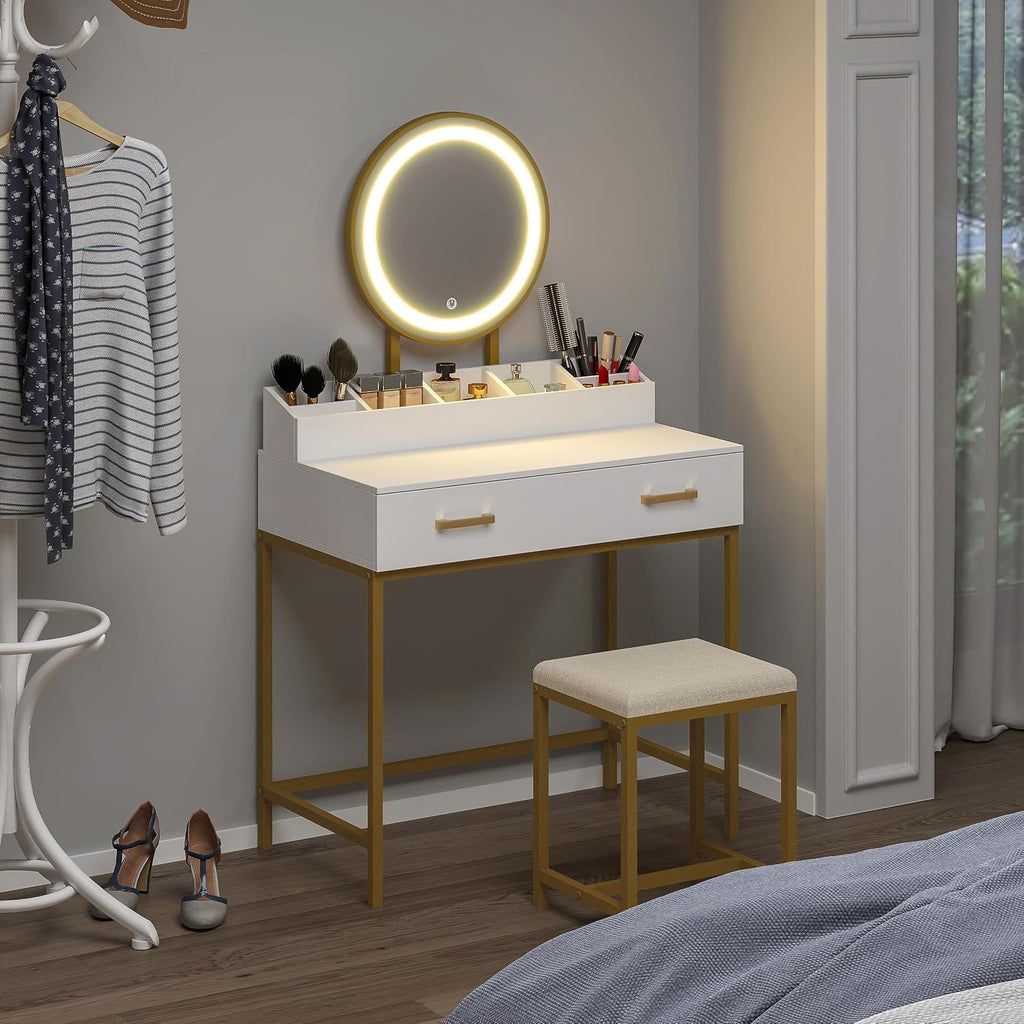 White & Gold LED Vanity Desk Set