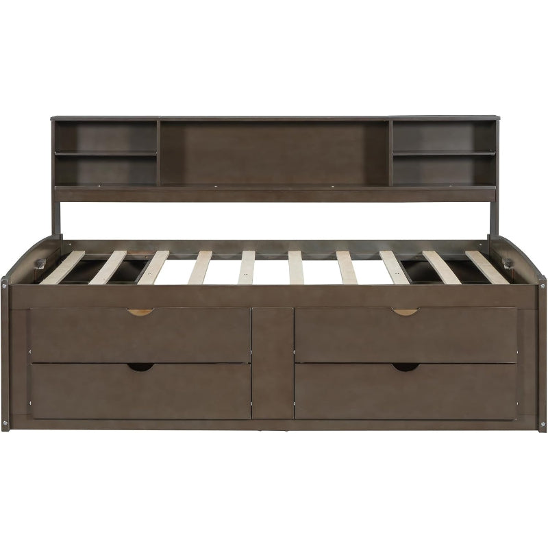 Antique Brown Full Solid Wood Daybed with Drawers